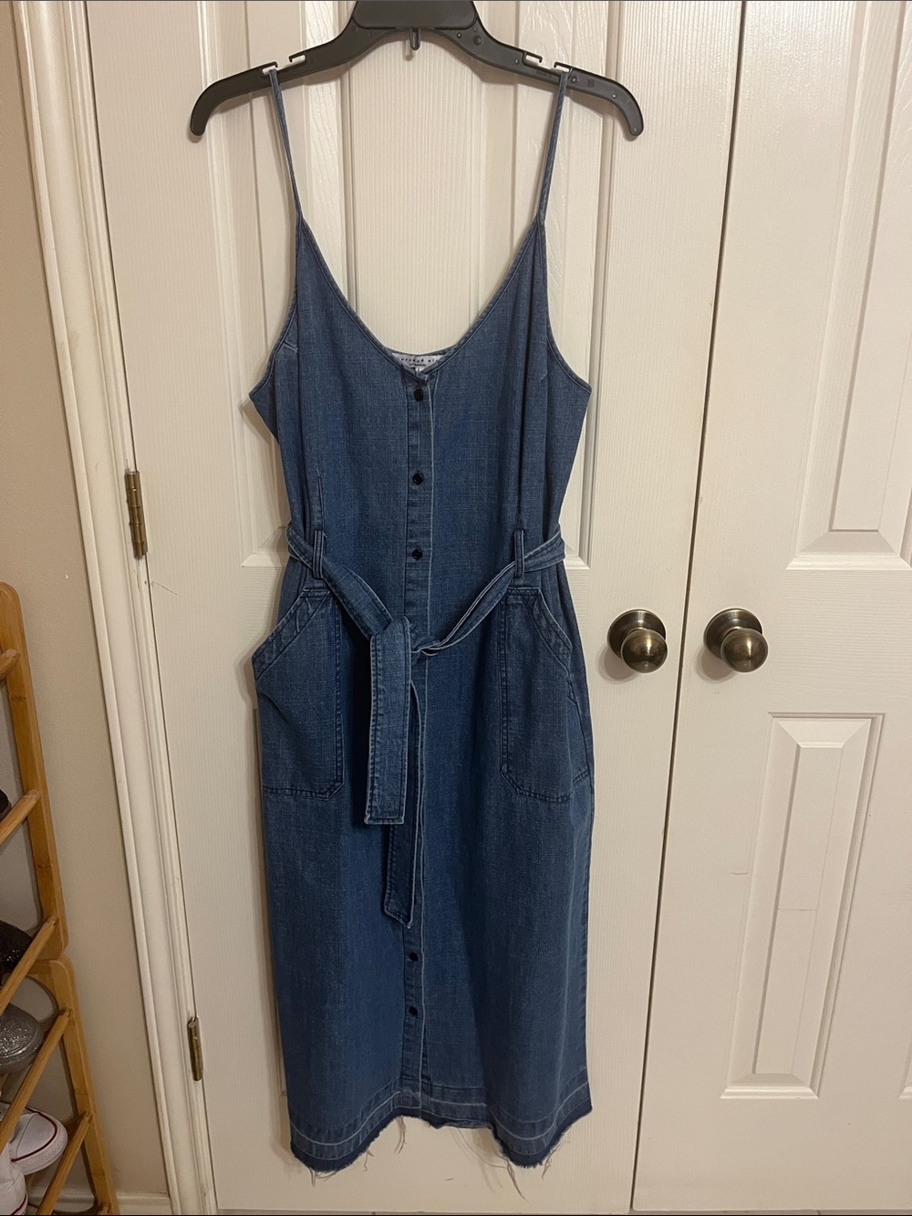Blue Denim Button-Front Overall Dress with Tie Belt